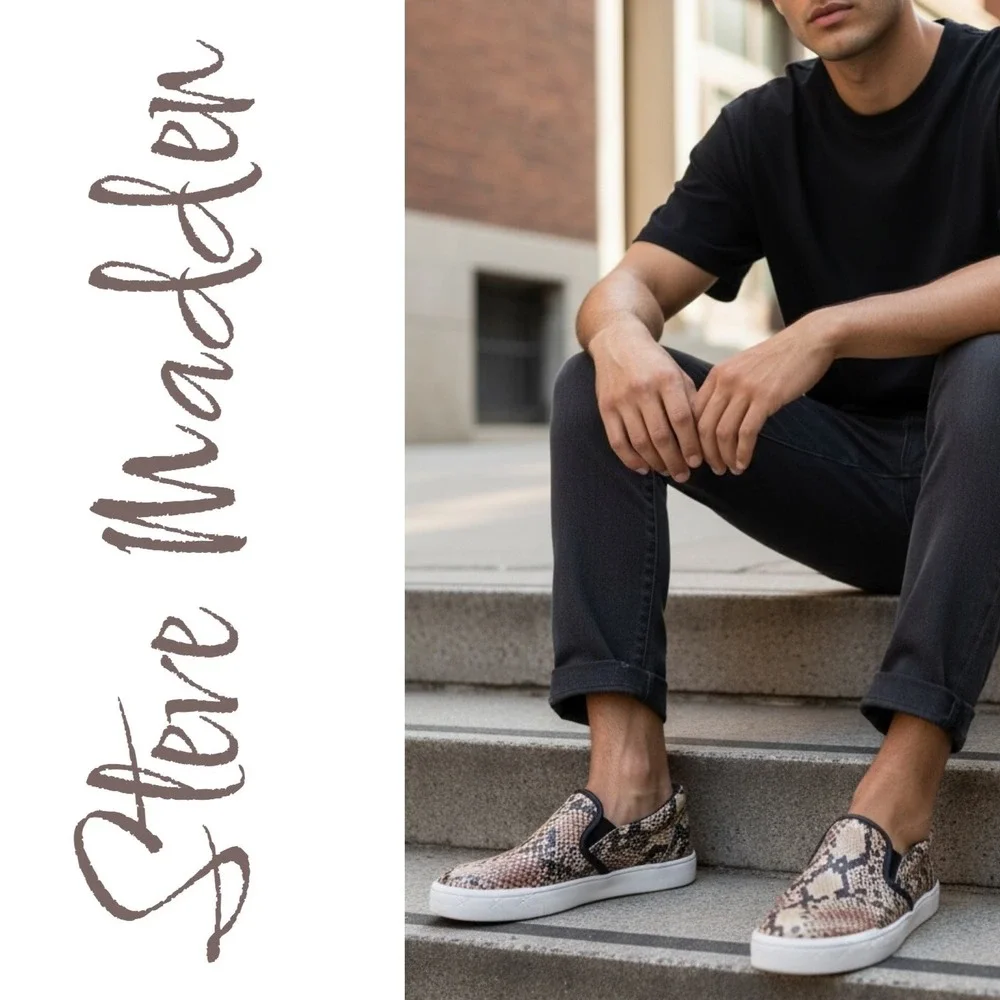 Steve Madden Gunman Handmade Faux Snakeskin Slip On Sneaker Loafer Brown Men's 9